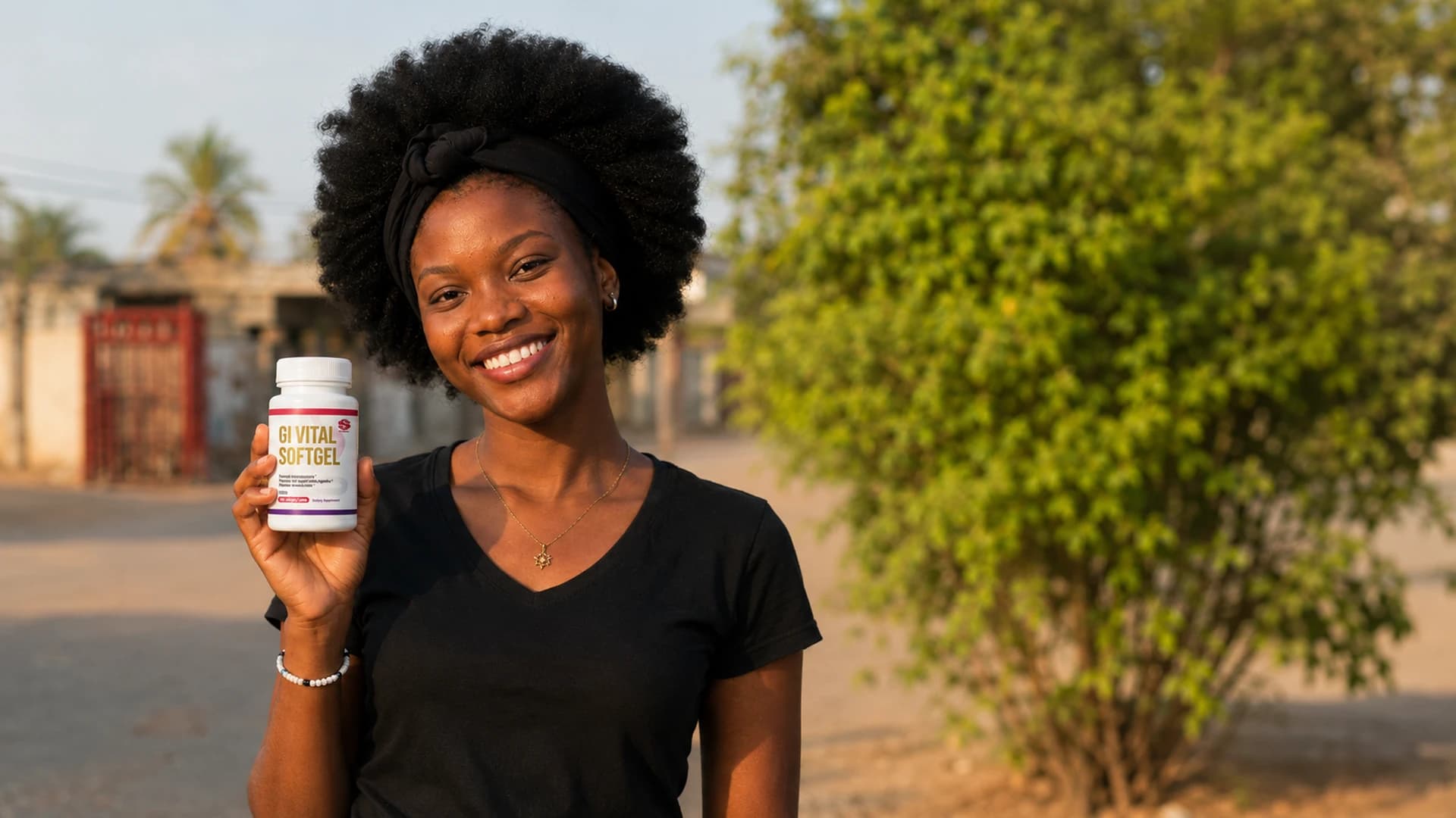 Femme congolaise présentant le GI Vital en extérieur